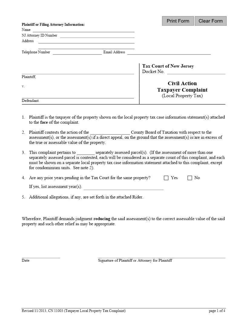 Civil Action Taxpayer Complaint (Local Propertyt Tax) {11003} | Pdf Fpdf Docx | New Jersey