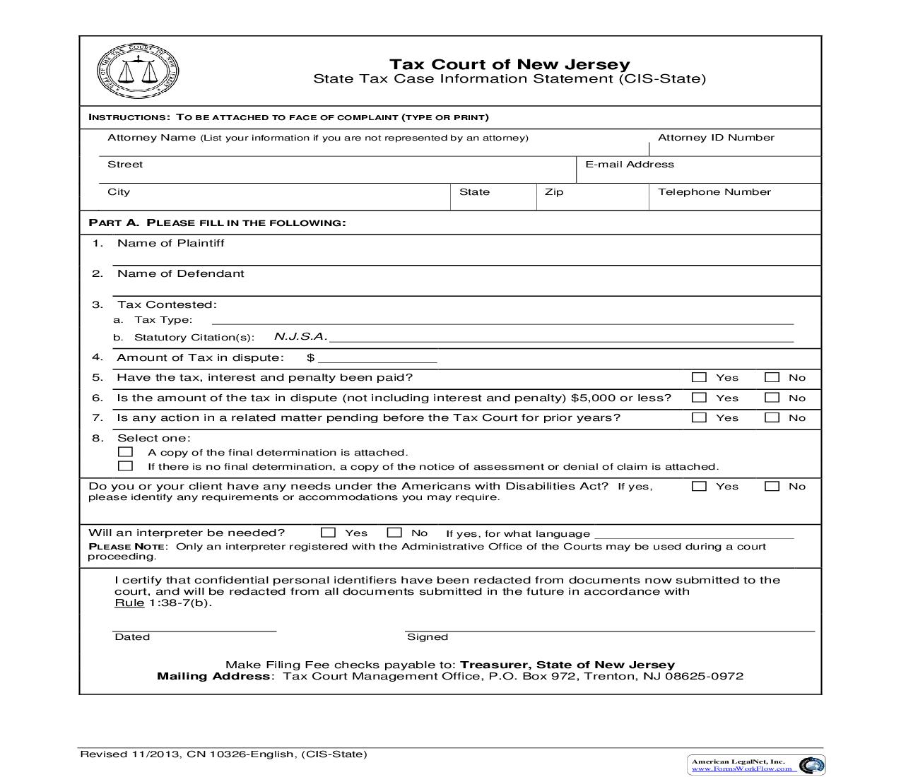 State Tax Case Information Statement (CIS-State) {10326} | Pdf Fpdf Doc Docx | New Jersey