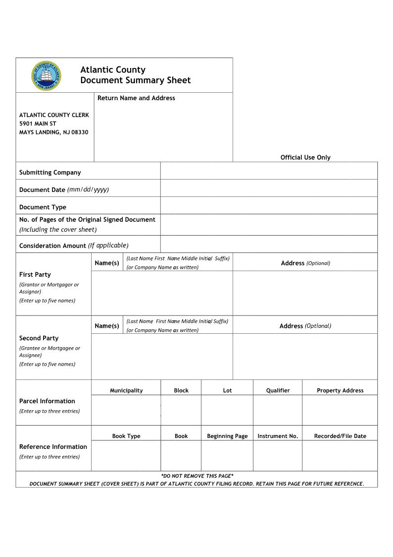 Document Summary Sheet (Recording) | Pdf Fpdf Docx | New Jersey