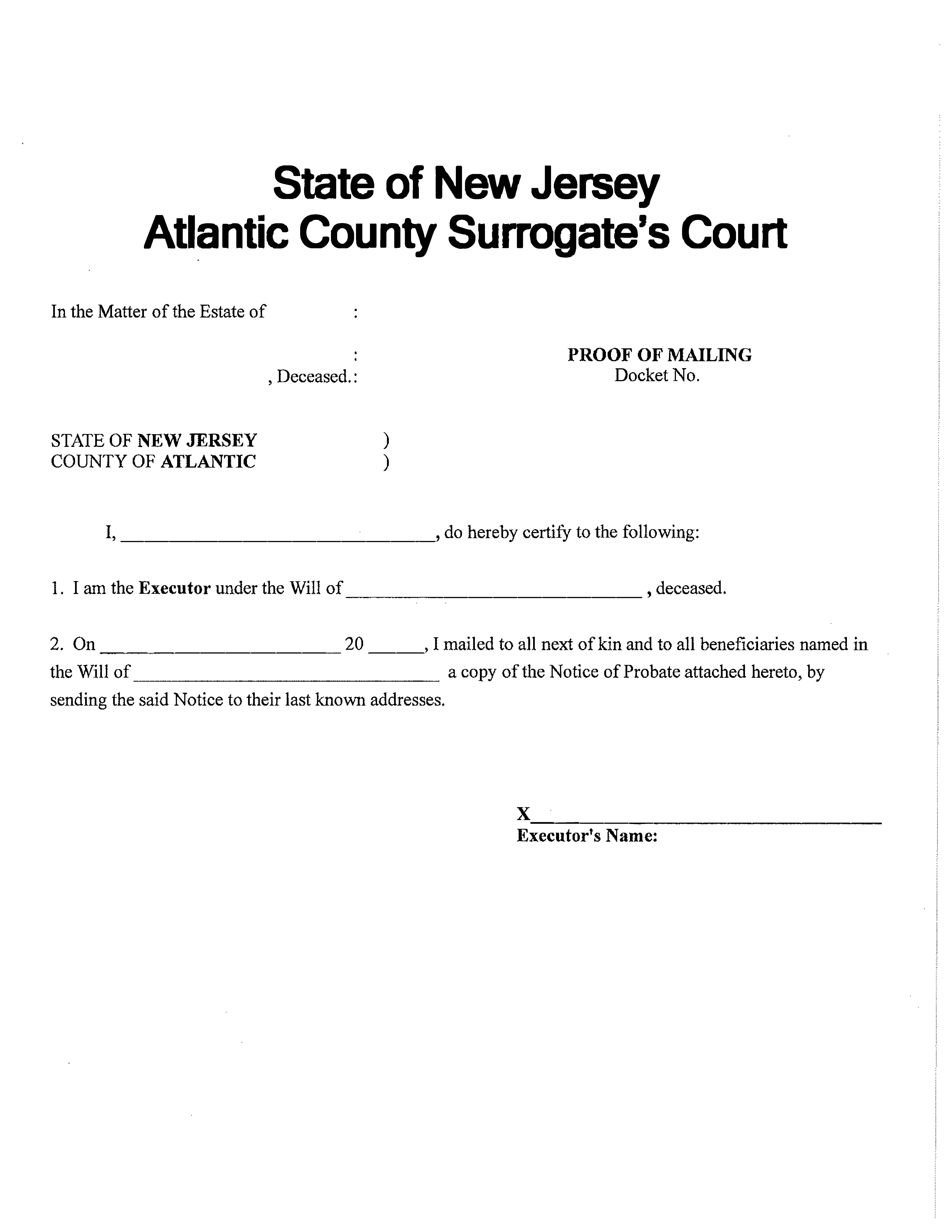 Notice Of Probate Proof Of Mailing  | Pdf Fpdf Docx | New Jersey
