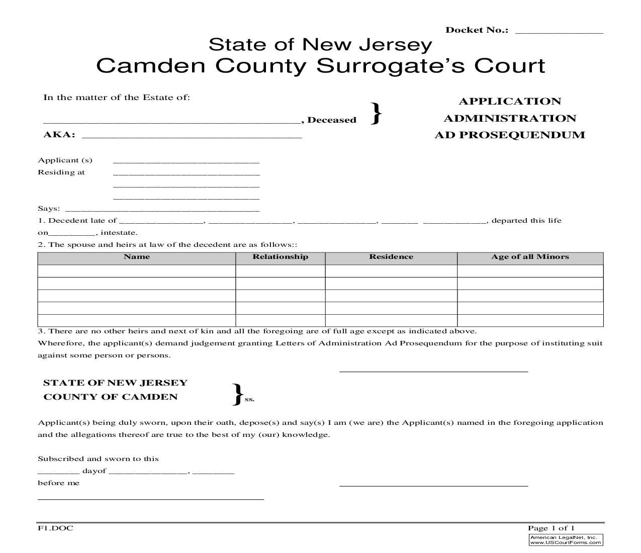 Application For Administration Ad Prosequendum {F1} | Pdf Fpdf Doc Docx | New Jersey