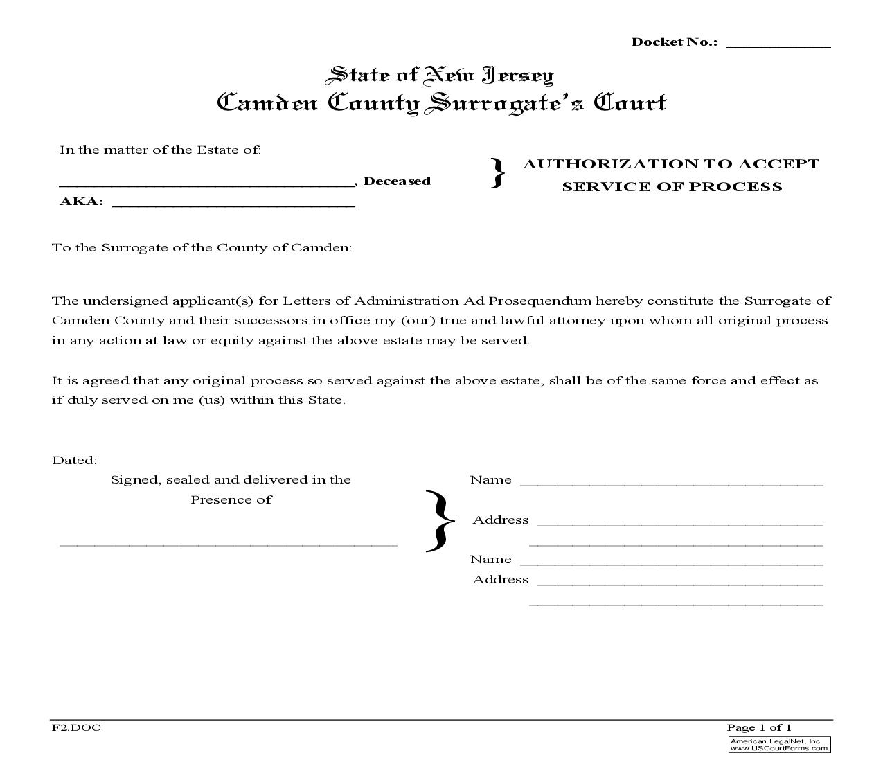 Authorization To Accept Service Of Process (Administrator Ad Prosequendum) {F2} | Pdf Fpdf Doc Docx | New Jersey