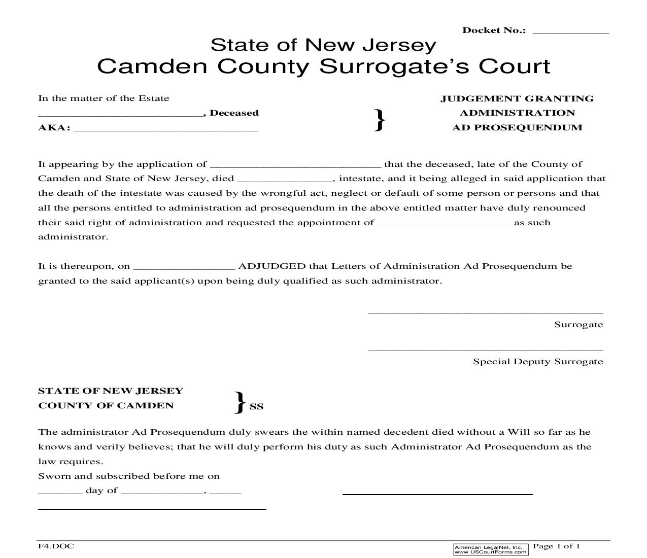 Judgment Granting Administration Ad Prosequendum {F4} | Pdf Fpdf Doc Docx | New Jersey
