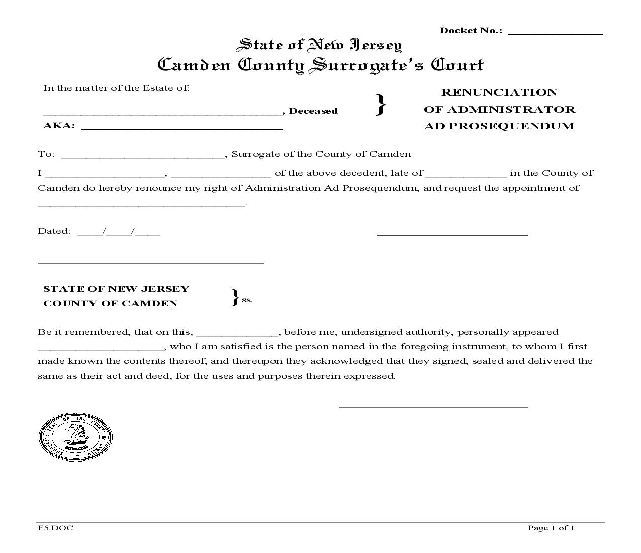 Renunciation Of Administrator Ad Prosequendum {F5} | Pdf Fpdf Doc Docx | New Jersey
