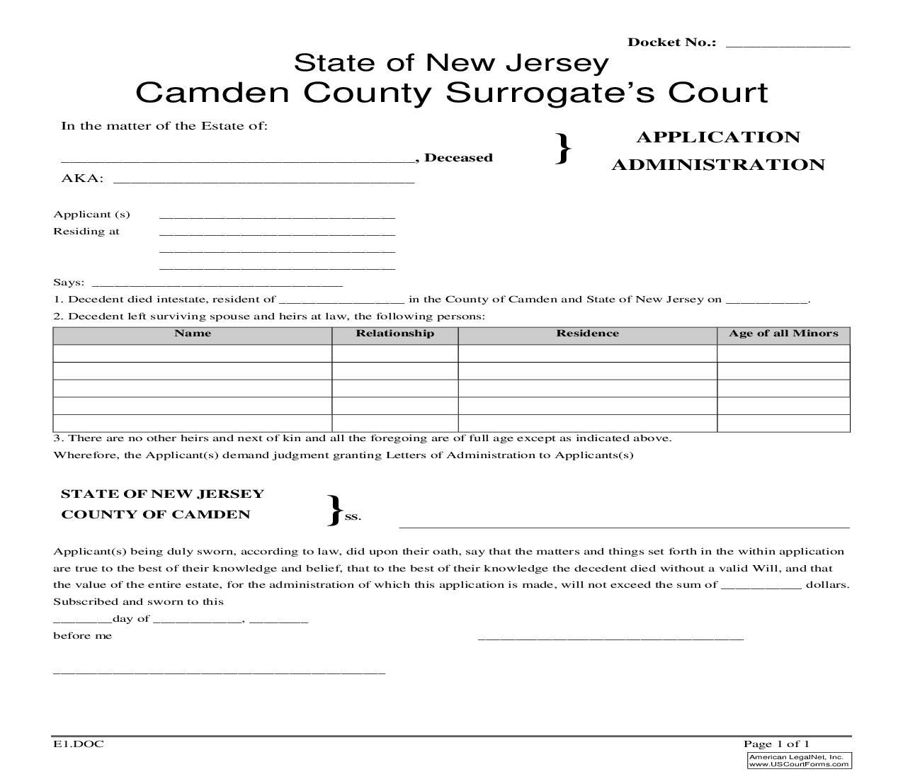 Application For Administration {E1} | Pdf Fpdf Doc Docx | New Jersey