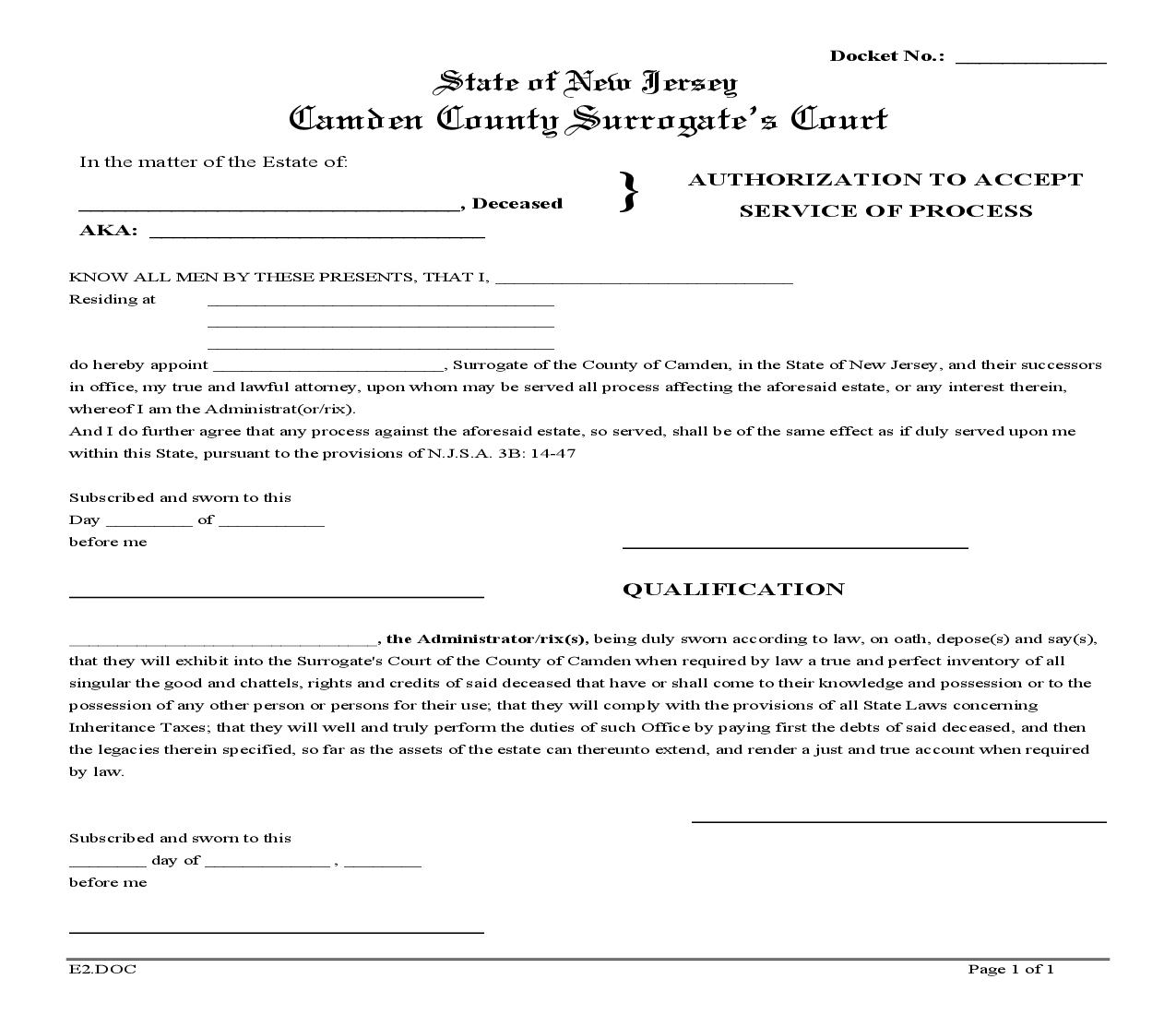 Authorization To Accept Service Of Process (Administrator) {E2} | Pdf Fpdf Doc Docx | New Jersey