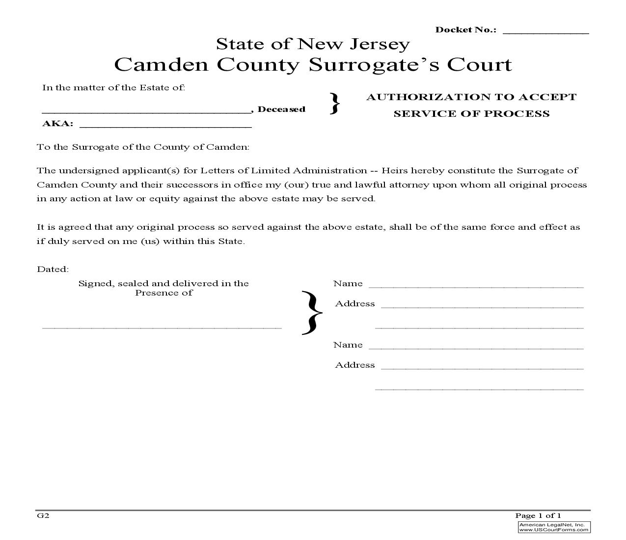 Authorization To Accept Service Of Process (Next Of Kin) {G2} | Pdf Fpdf Doc Docx | New Jersey