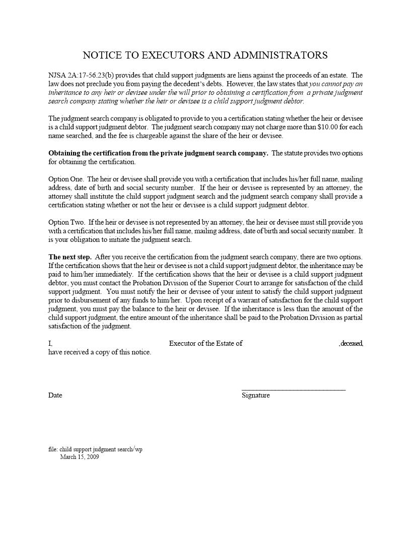 Notice To Executors And Administrators (Child Support Judgment Search) | Pdf Fpdf Docx | New Jersey