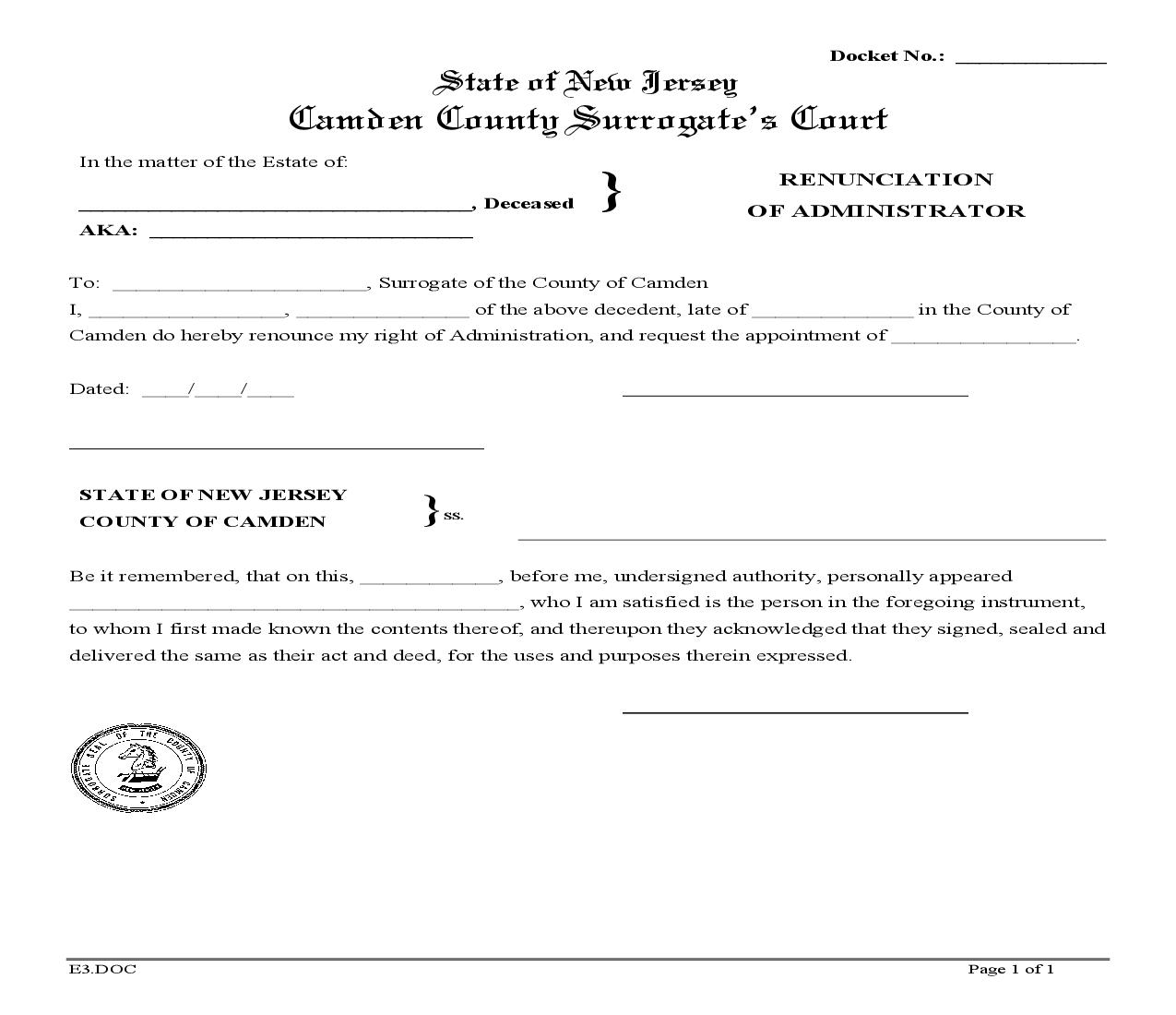 Renunciation Of Administrator {E3} | Pdf Fpdf Doc Docx | New Jersey