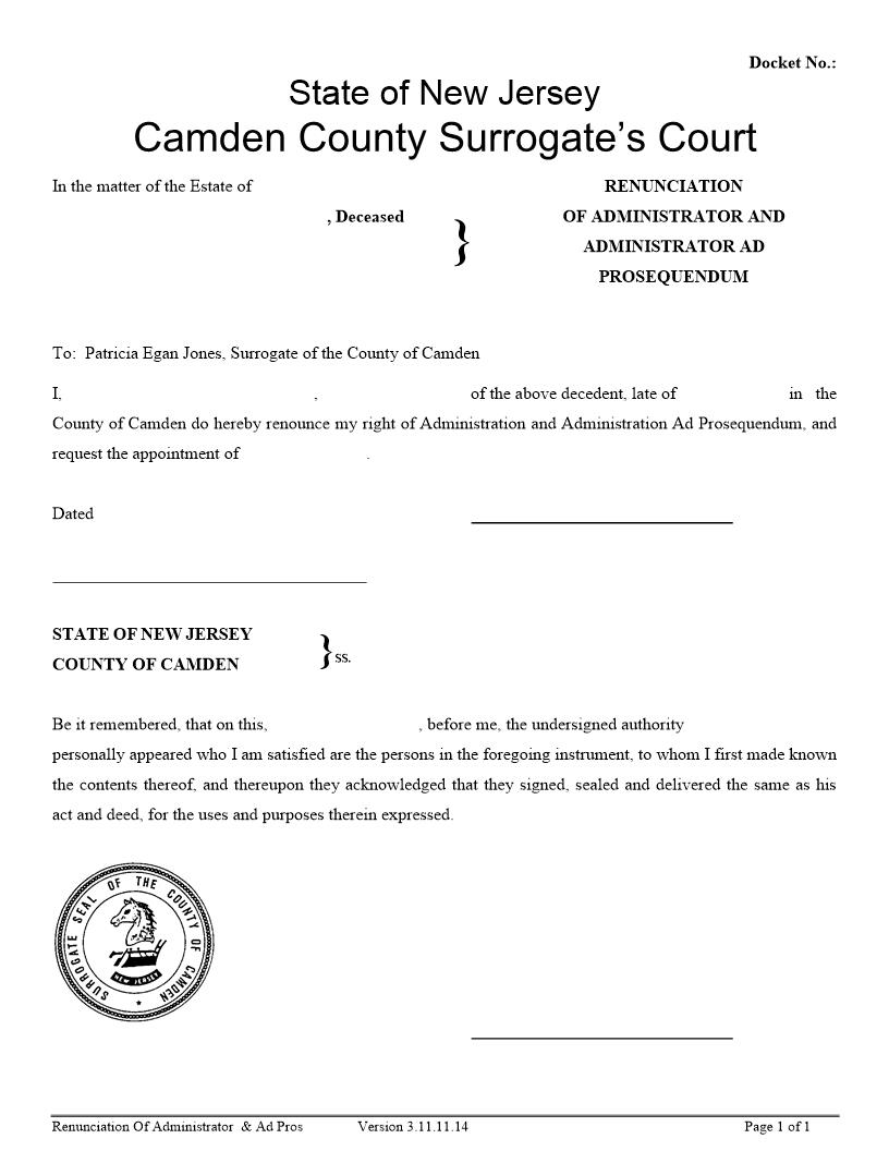 Renunciation Of Administrator And Administrator Ad Prosequendum | Pdf Fpdf Docx | New Jersey