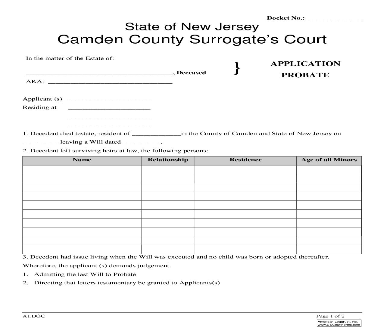 Application For Probate {A1} | Pdf Fpdf Doc Docx | New Jersey