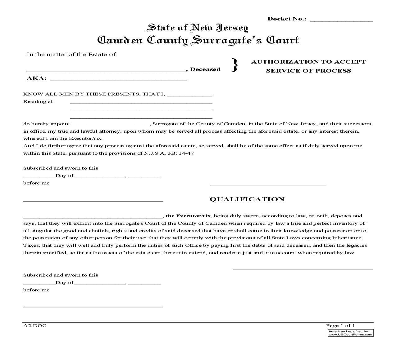 Authorization To Accept Service Of Process (Executor) {A2} | Pdf Fpdf Doc Docx | New Jersey