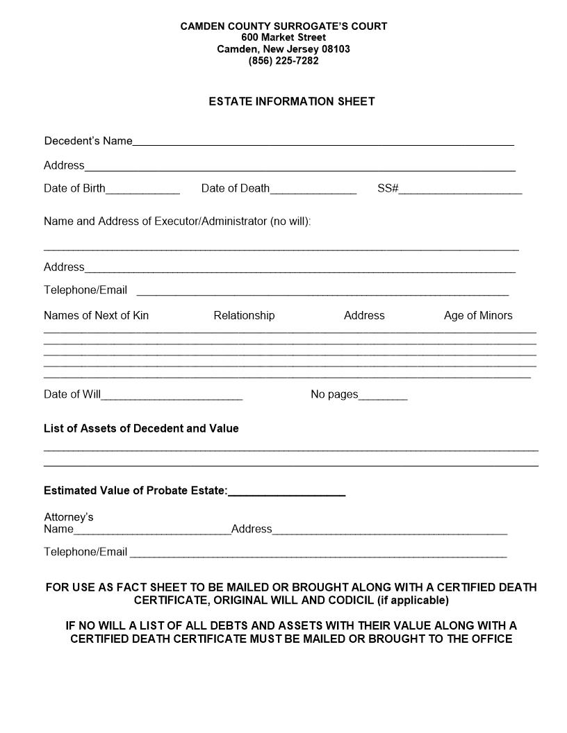 Estate Information Sheet | Pdf Fpdf Docx | New Jersey
