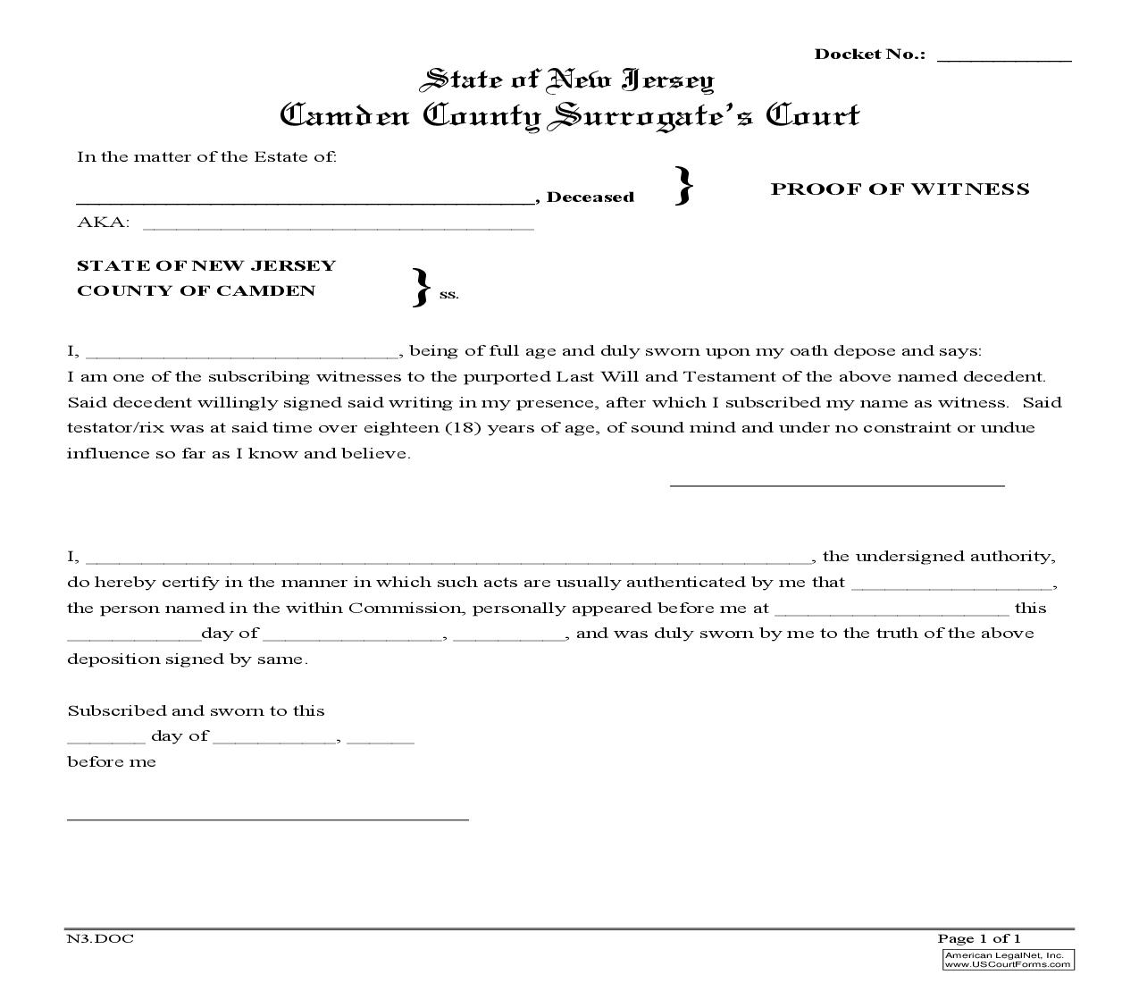 Proof Of Witness {N3} | Pdf Fpdf Doc Docx | New Jersey