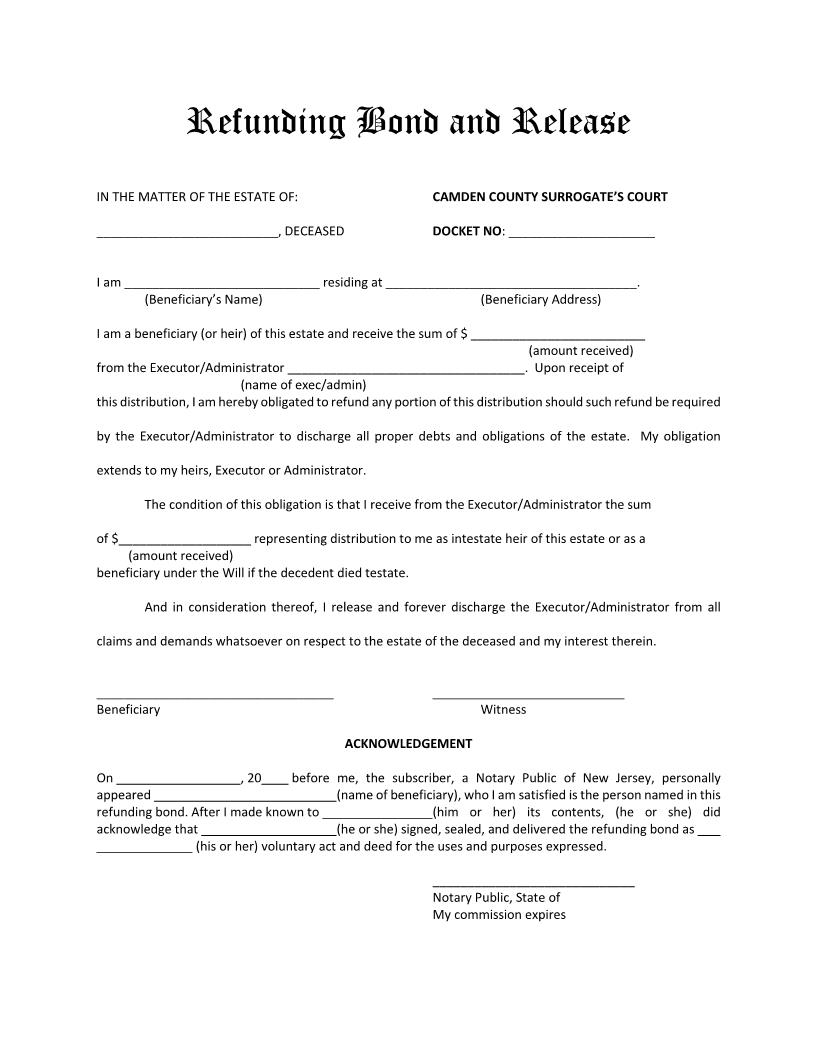 Refunding Bond And Release | Pdf Fpdf Docx | New Jersey