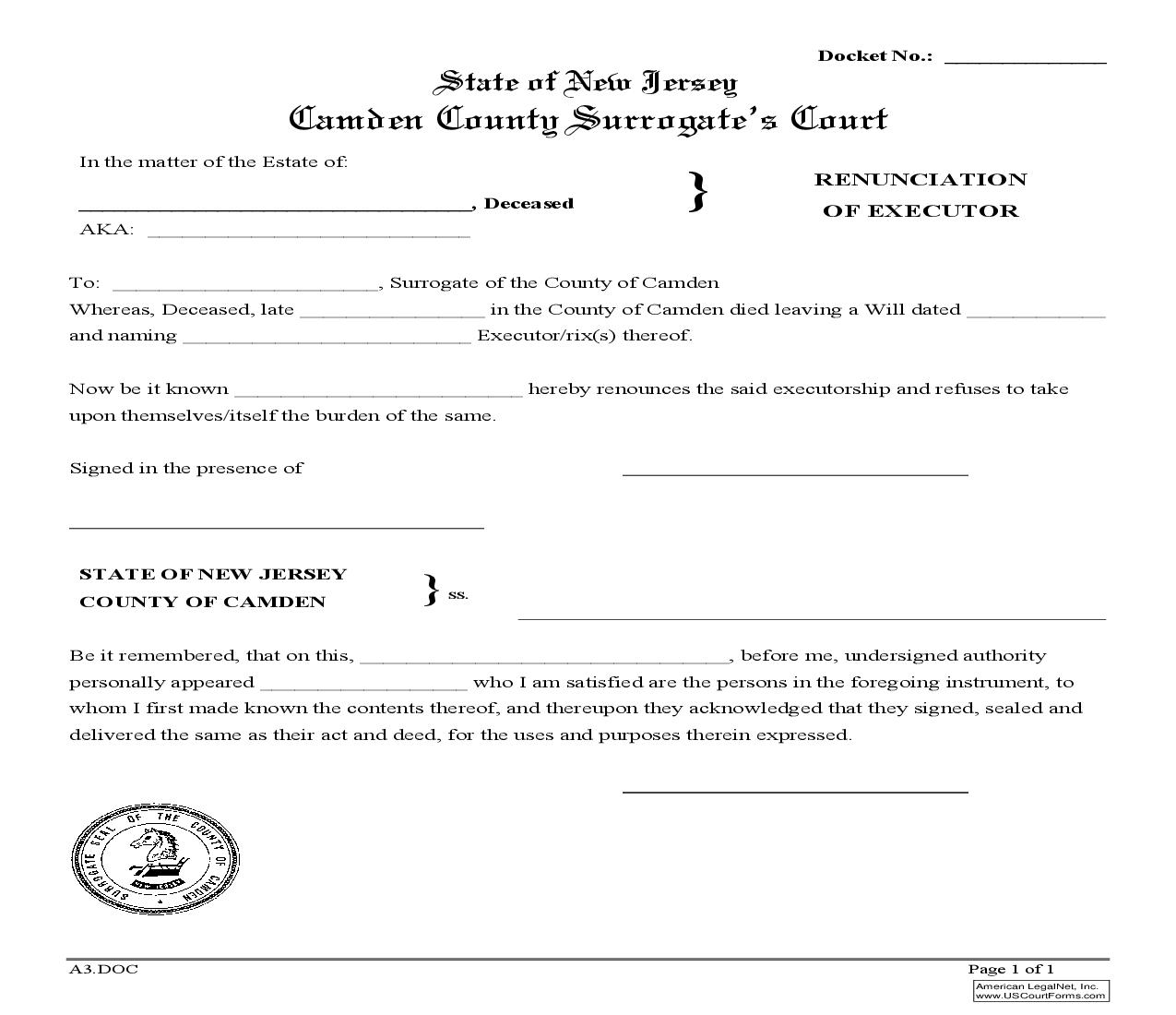 Renunciation Of Executor {A3} | Pdf Fpdf Doc Docx | New Jersey