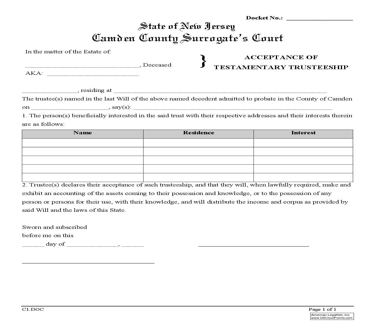 Acceptance Of Testamentary Trusteeship {C1} | Pdf Fpdf Doc Docx | New Jersey