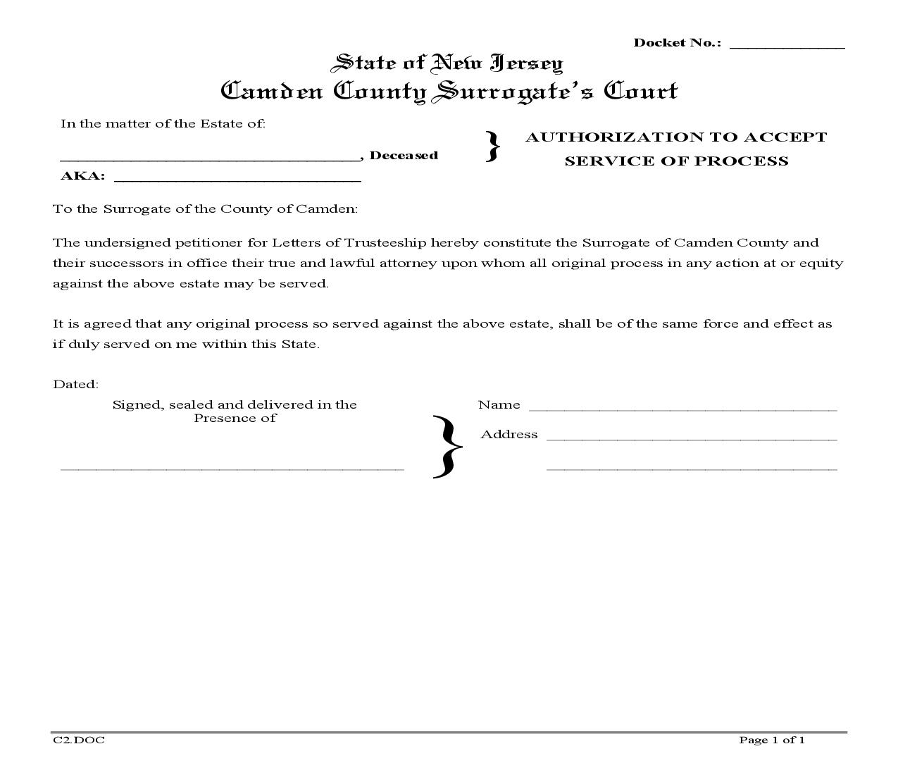 Authorization To Accept Service Of Process (Trustee) {C2} | Pdf Fpdf Doc Docx | New Jersey