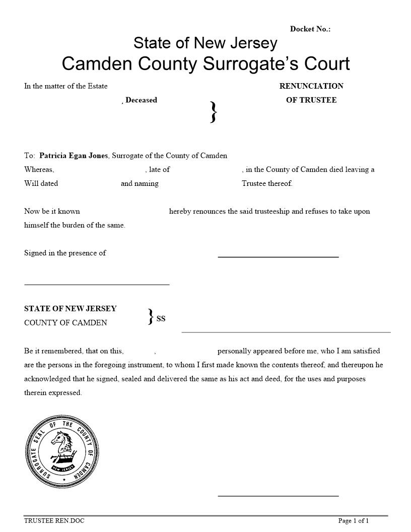 Renunciation Of Trustee | Pdf Fpdf Docx | New Jersey