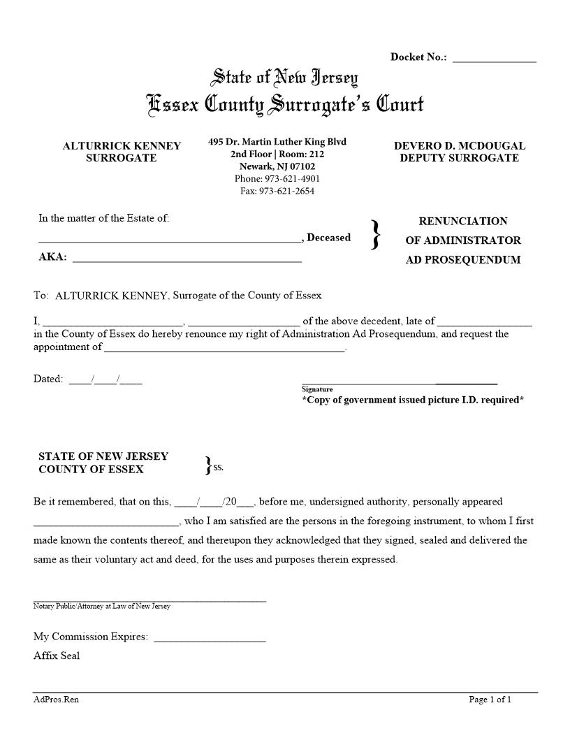 Renunciation Of Administrator Ad Prosequendum {ESS-RAAP} | Pdf Fpdf Doc Docx | New Jersey