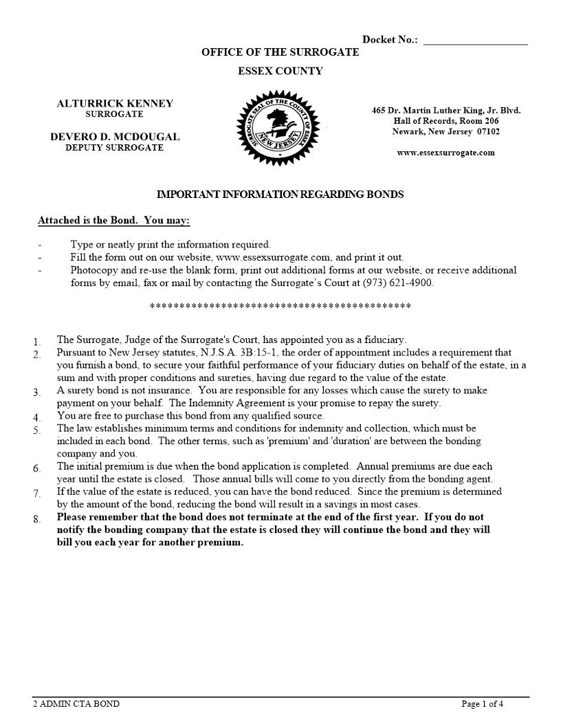 Administrator CTA Bond {ESS-ACTAB} | Pdf Fpdf Docx | New Jersey