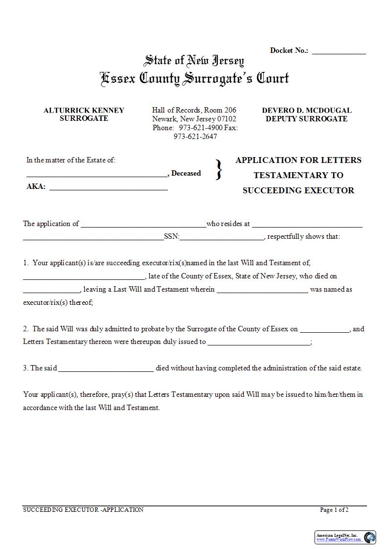 Application For Letters Testamentary To Succeeding Executor | Pdf Fpdf Docx | New Jersey
