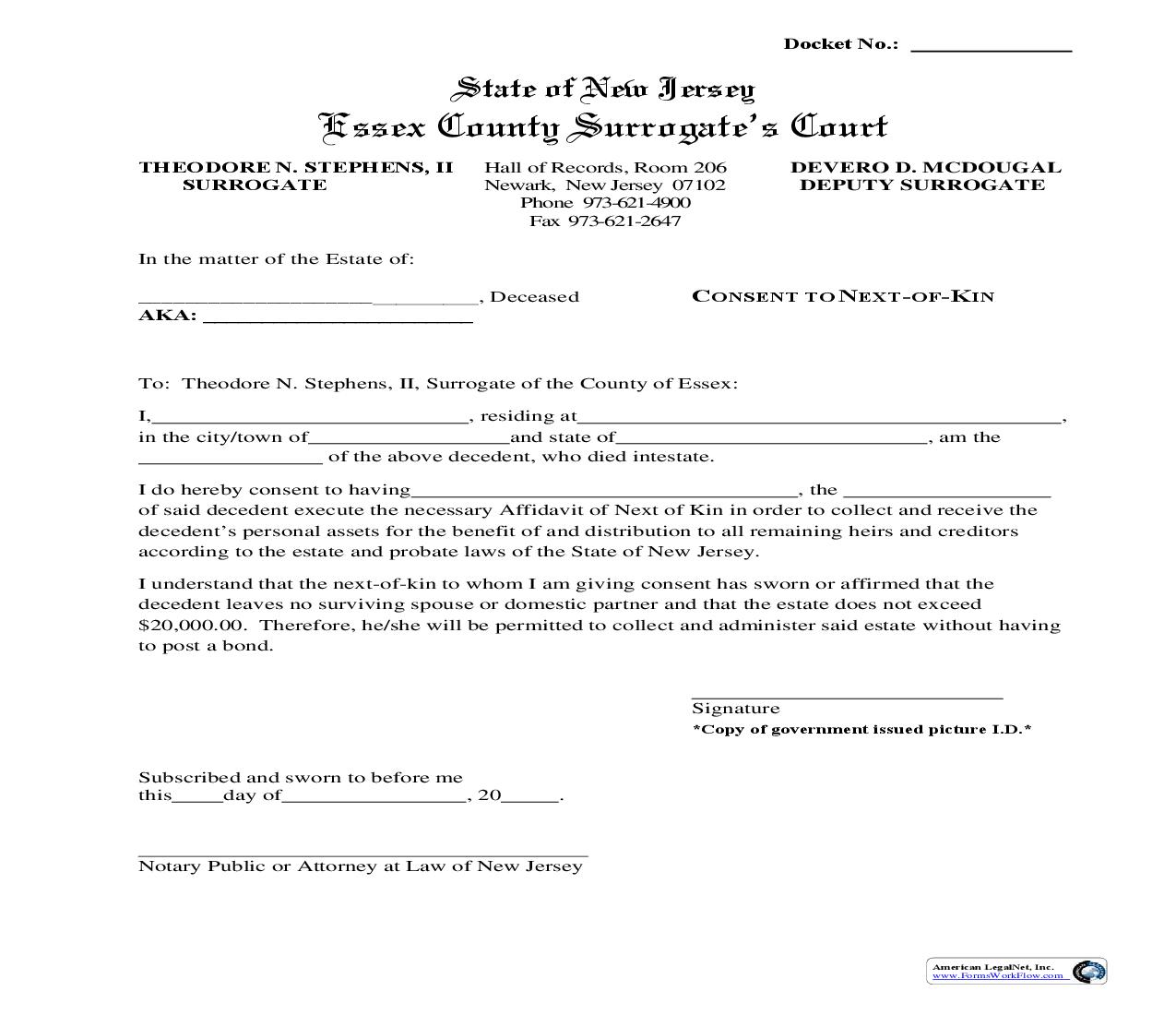 Consent To Next-Of-Kin | Pdf Fpdf Doc Docx | New Jersey