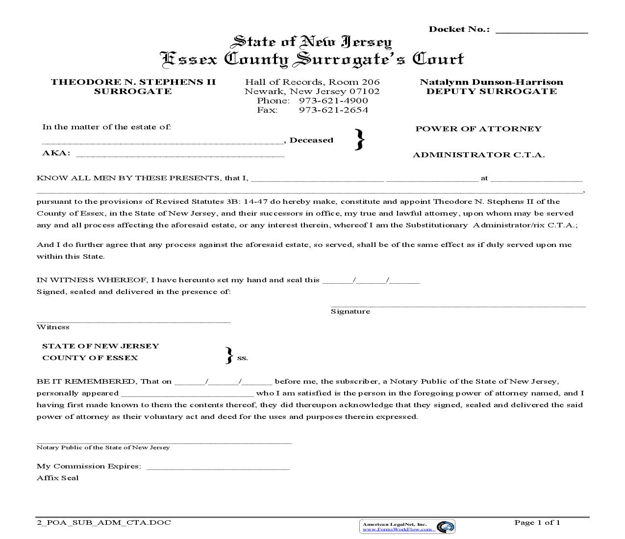 Power Of Attorney (Substitutionary) Administrator CTA | Pdf Fpdf Doc Docx | New Jersey