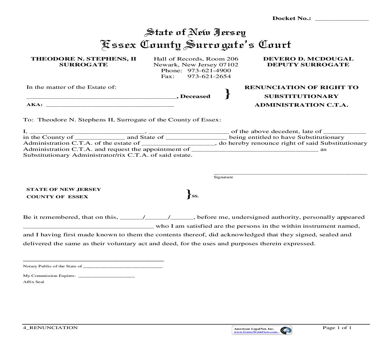 Renunciation Of Right To Substitutionary Administration CTA | Pdf Fpdf Doc Docx | New Jersey