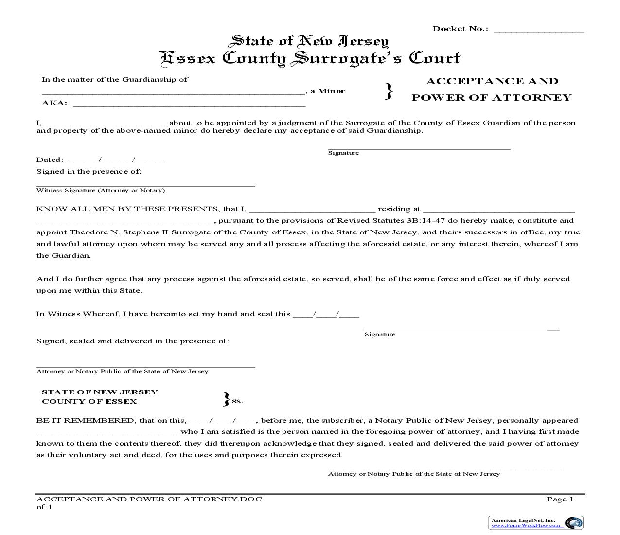 Acceptance And Power Of Attorney (Person And Property) | Pdf Fpdf Doc Docx | New Jersey