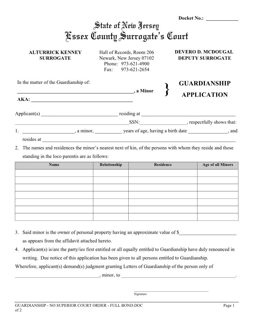 Guardianship Application (No SC Order Person Only Full Bond) {ESS-GAPersonFB} | Pdf Fpdf Docx | New Jersey