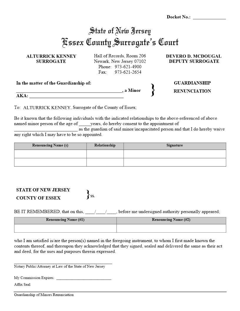 Guardianship Renunciation (Property Only) {ESS-GRProp} | Pdf Fpdf Docx | New Jersey