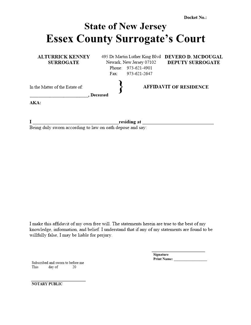 Affidavit Of Residence | Pdf Fpdf Docx | New Jersey