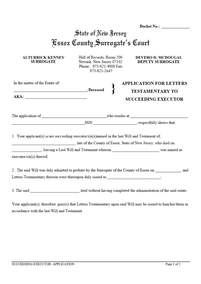 Application For Letters Testamentary To Succeeding Executor {ESS-ALTSE} | Pdf Fpdf Docx | New Jersey