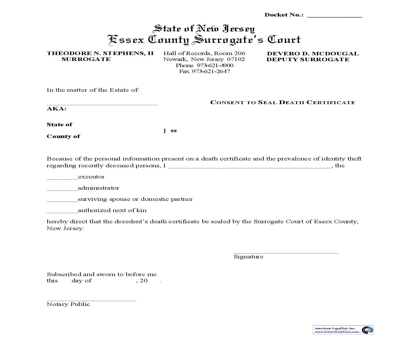 Consent To Seal Death Certificate (General) | Pdf Fpdf Doc Docx | New Jersey