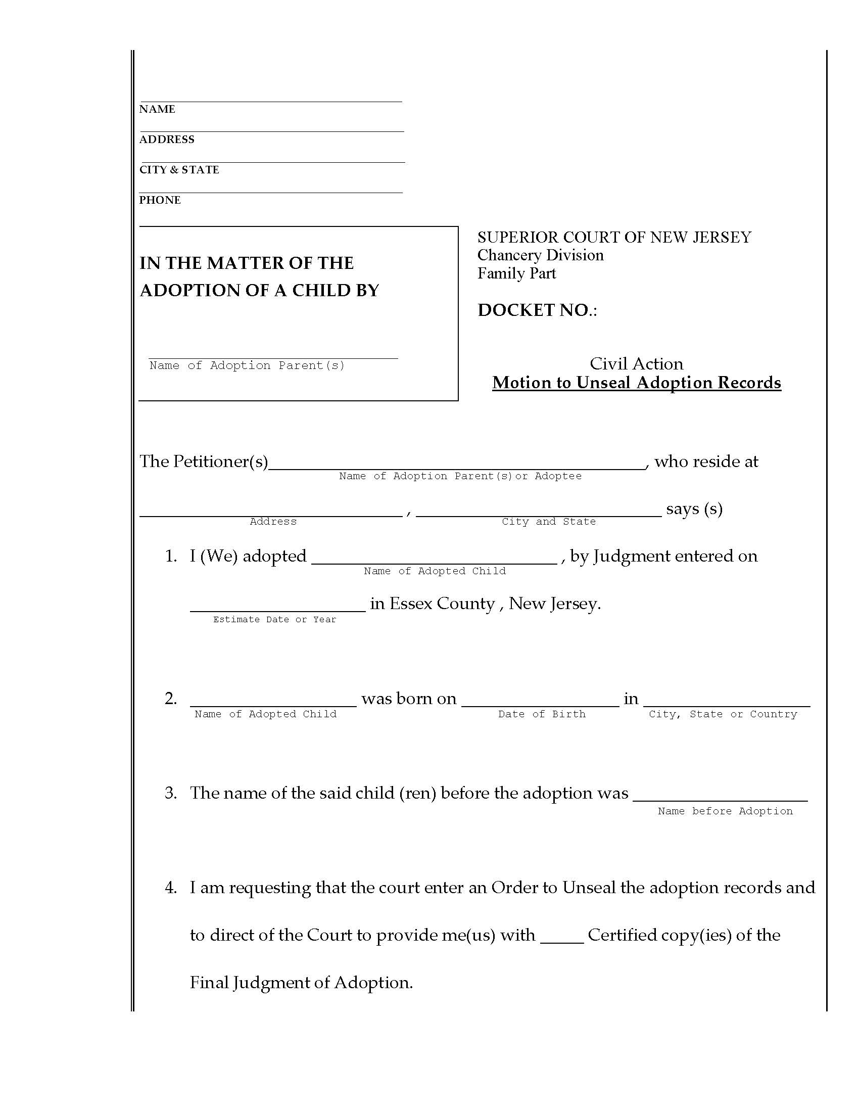 Motion To Unseal Adoption Records Order Unsealing Judgment Of Adoption | Pdf Fpdf Docx | New Jersey