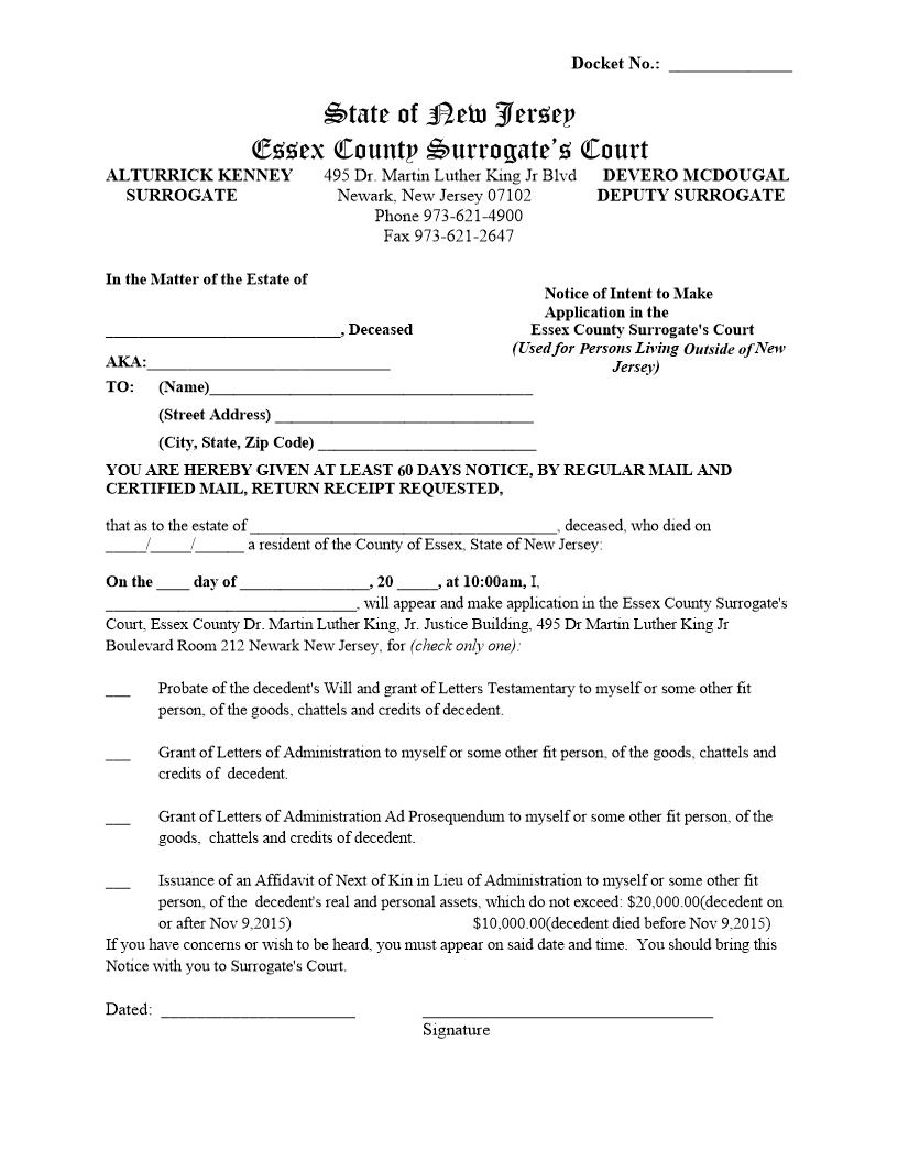 Notice Of Intent To Make Application And Certification (Out Of State) | Pdf Fpdf Docx | New Jersey