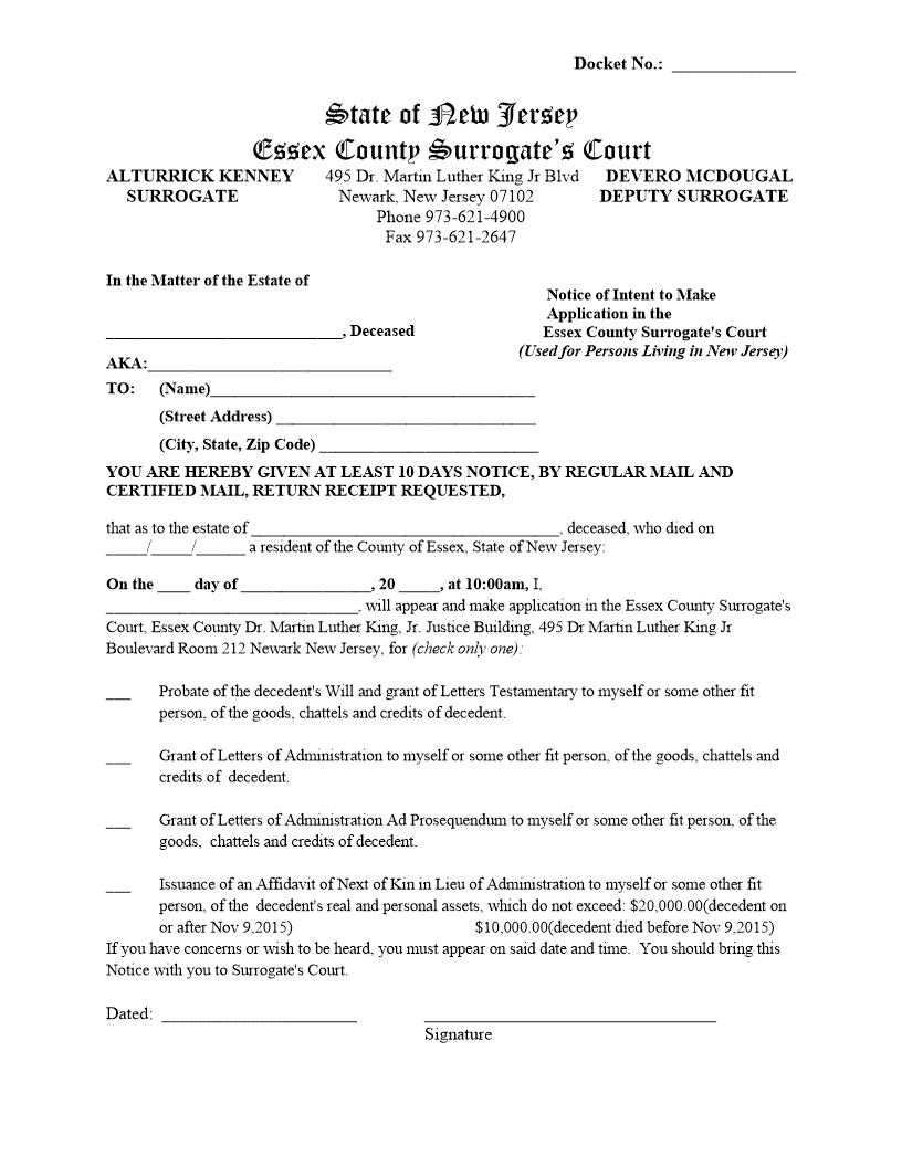Notice Of Intent To Make Application And Certification (Resident) | Pdf Fpdf Doc Docx | New Jersey