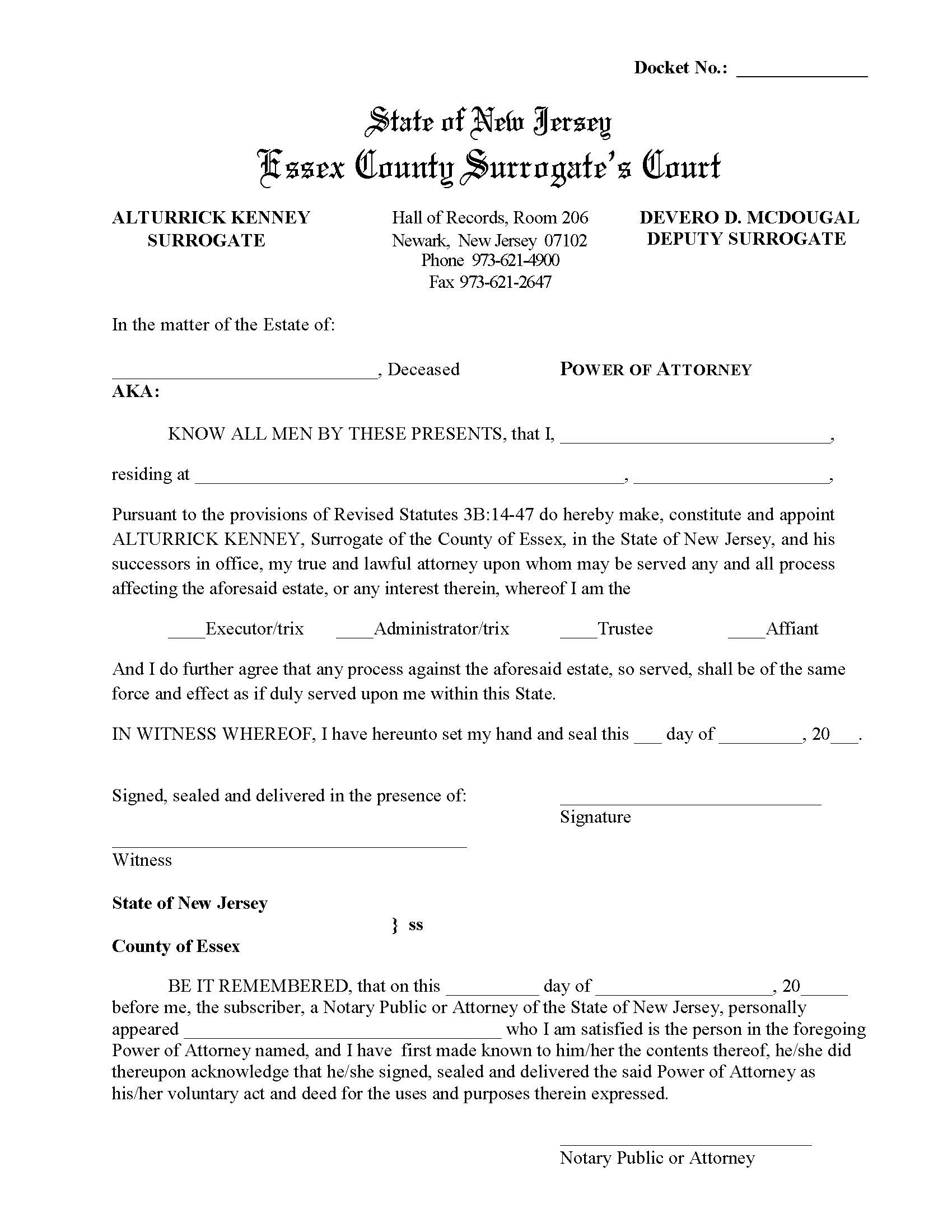 Power Of Attorney (Surrogate - Service Of Process) | Pdf Fpdf Docx | New Jersey
