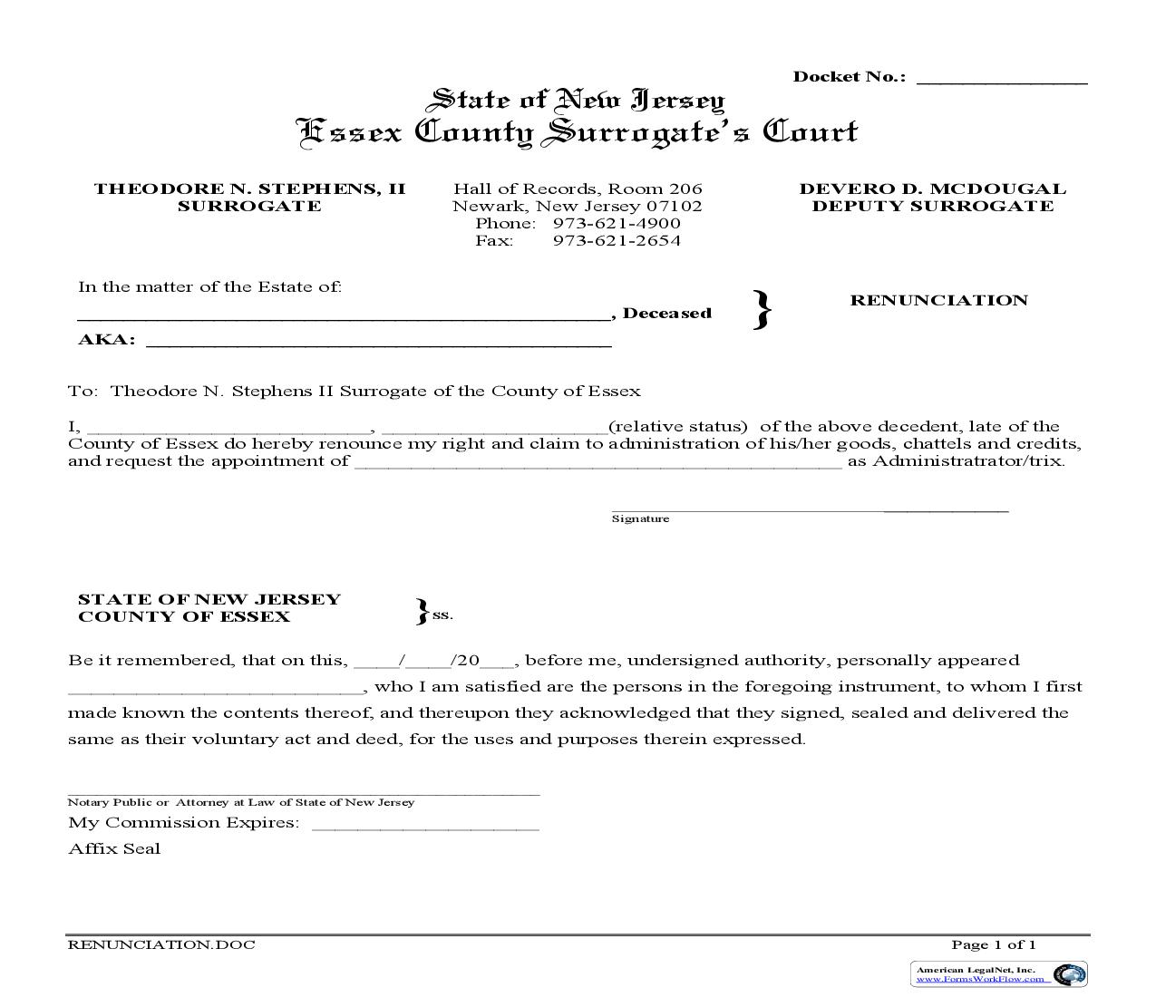 Renunciation | Pdf Fpdf Doc Docx | New Jersey