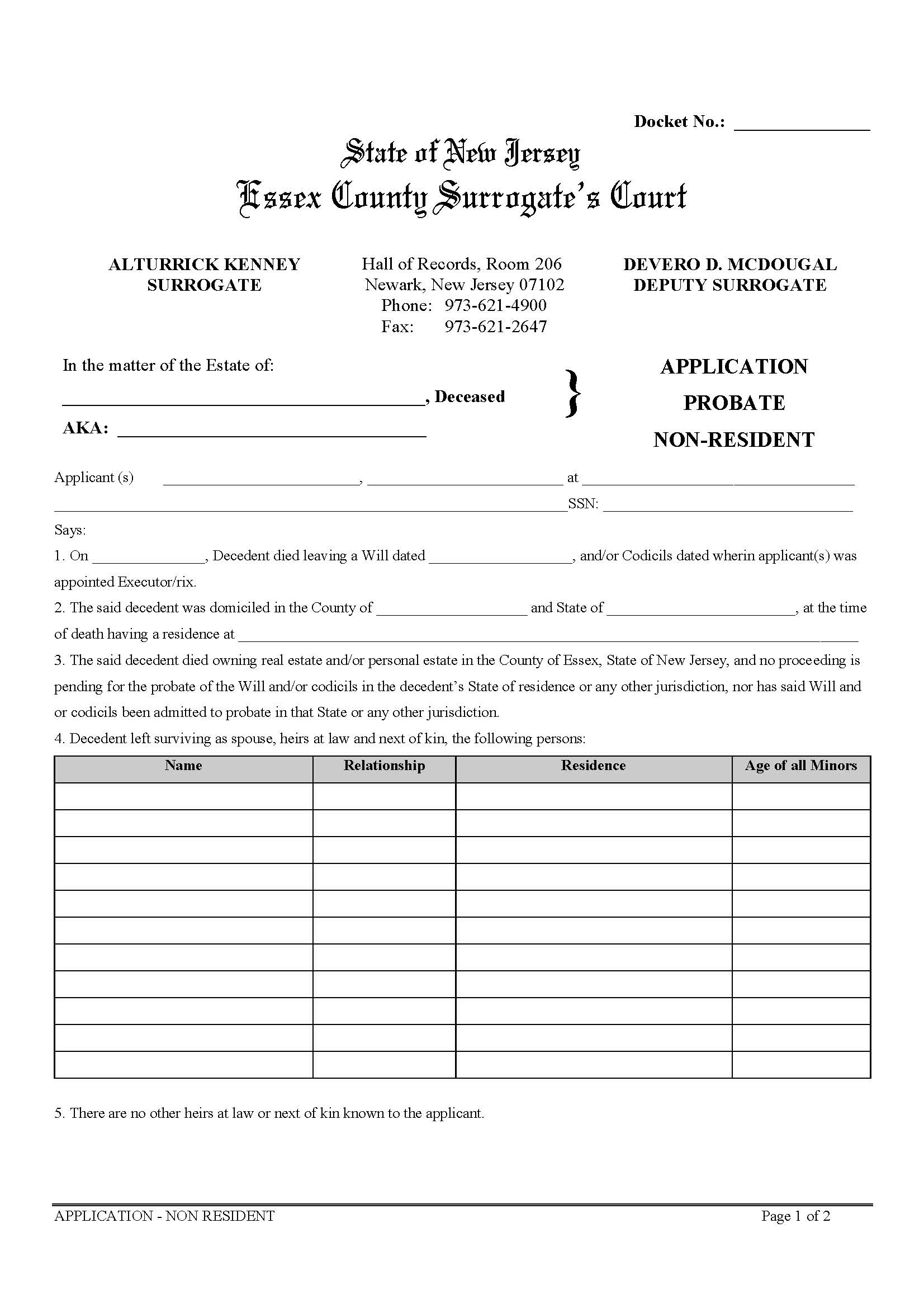 Application Probate Non-Resident {ESS-APNR} | Pdf Fpdf Doc Docx | New Jersey