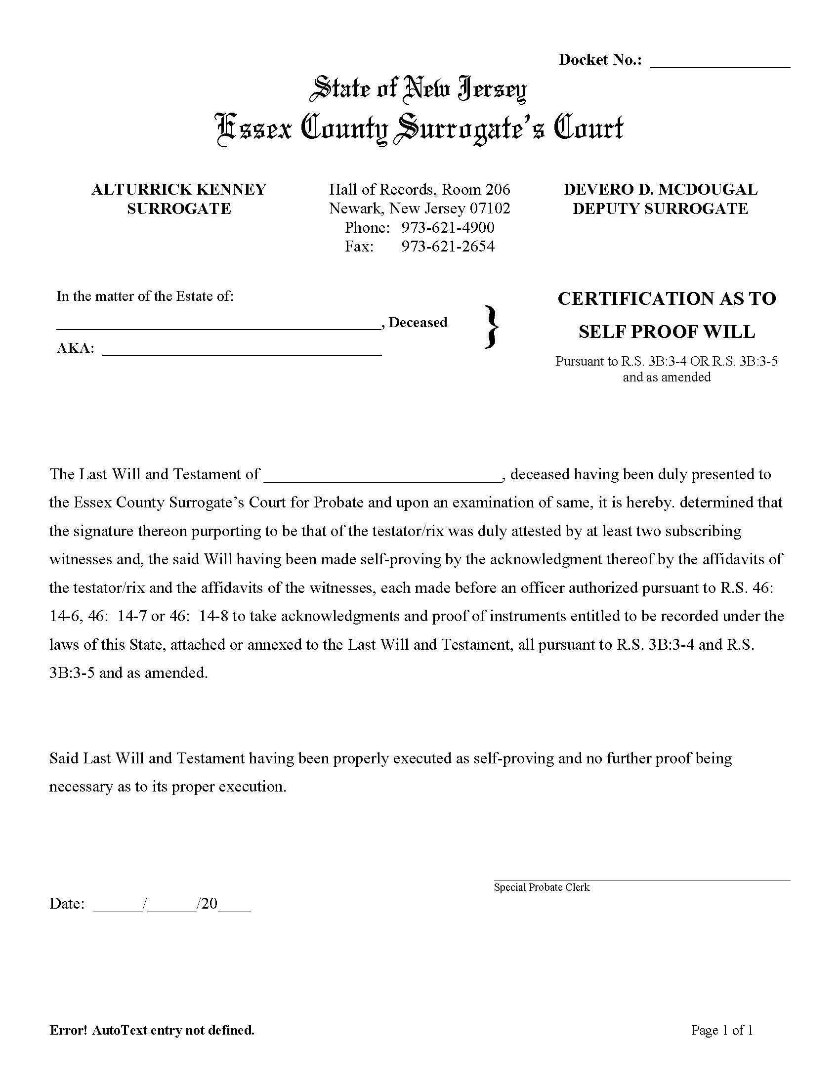 Certification As To Self-Proof Will {ESS-CSPW} | Pdf Fpdf Doc Docx | New Jersey