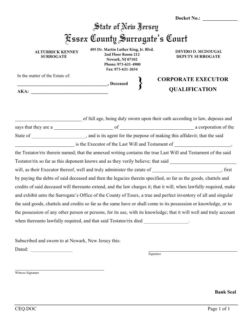 Corporate Executor Qualification | Pdf Fpdf Docx | New Jersey