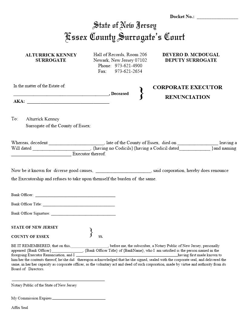 Corporate Executor Renunciation {ESS-CER} | Pdf Fpdf Docx | New Jersey