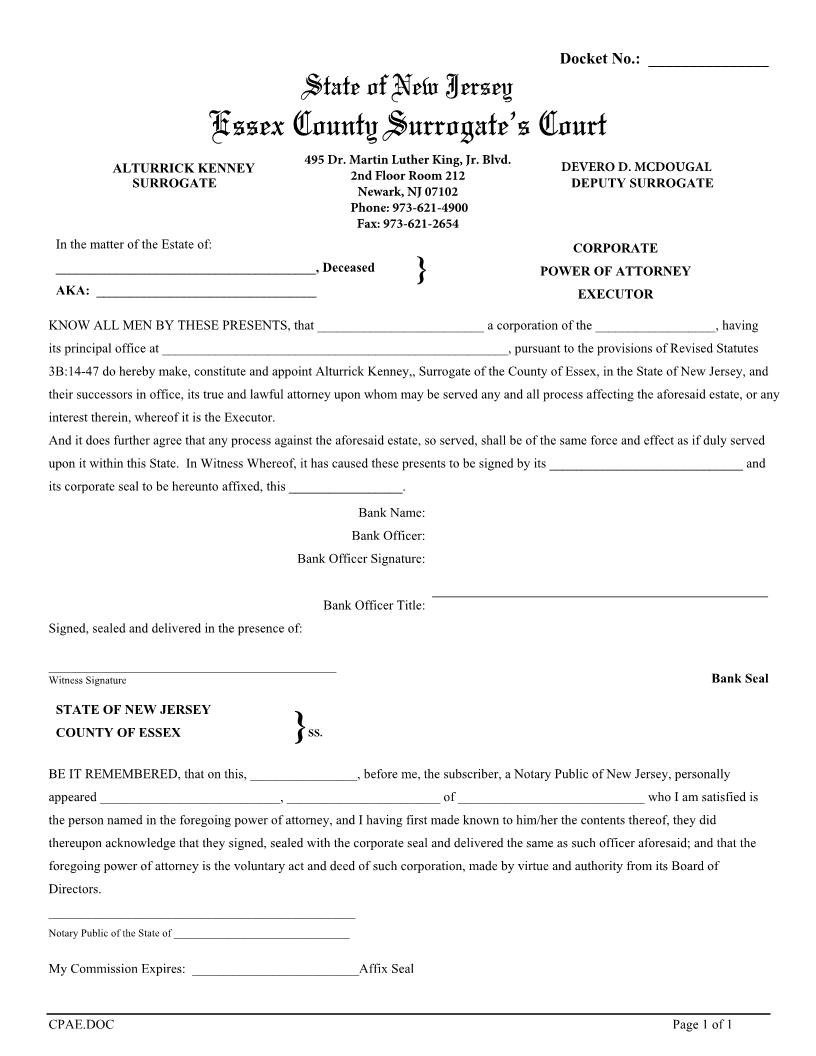 Corporate Power Of Attorney Executor{CPAE} | Pdf Fpdf Doc Docx | New Jersey