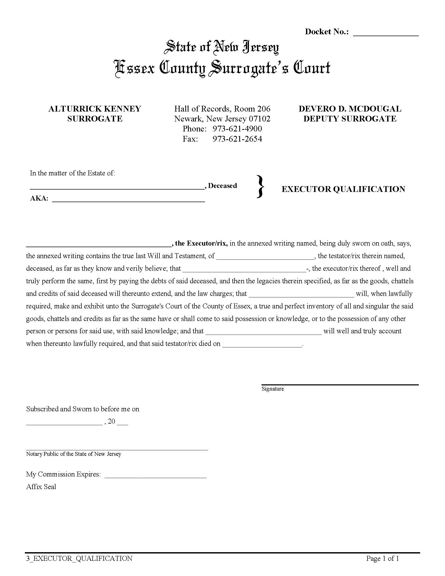 Executor Qualification {ESS-EQ} | Pdf Fpdf Doc Docx | New Jersey