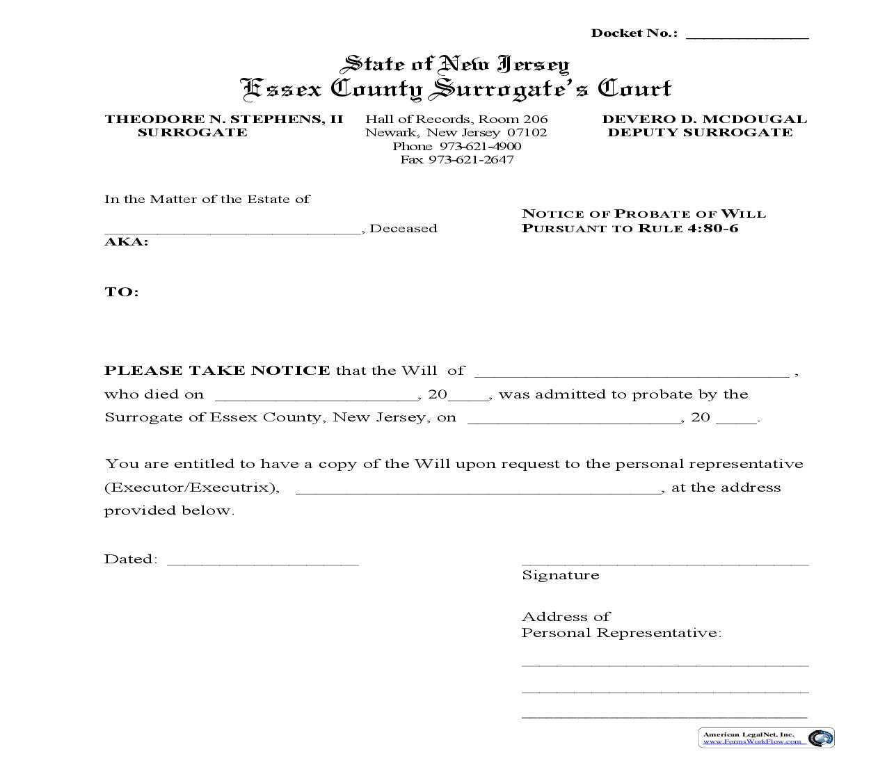 Notice Of Probate Of Will And Proof Of Notice | Pdf Fpdf Doc Docx | New Jersey