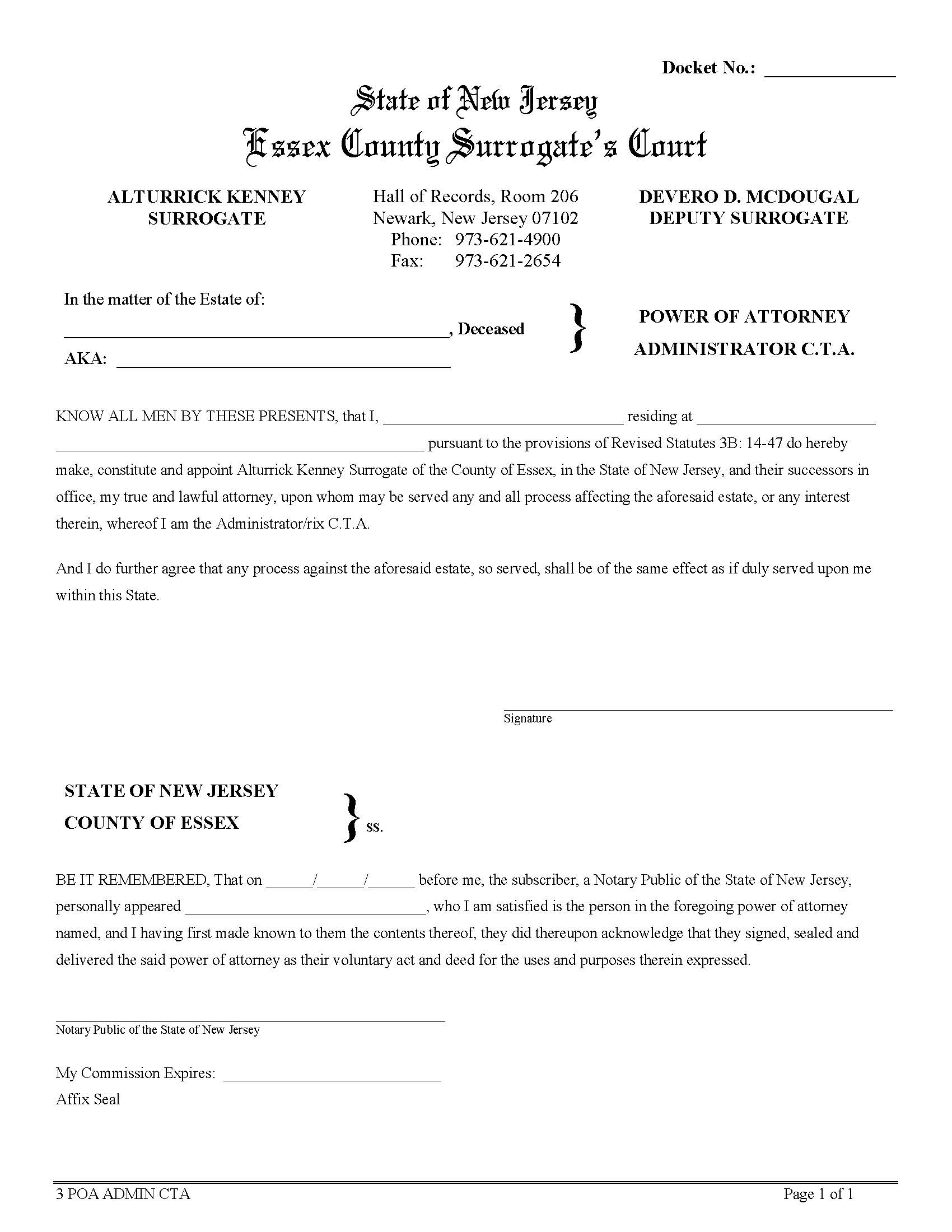 Power Of Attorney Administrator CTA {ESS-PoAACTA} | Pdf Fpdf Doc Docx | New Jersey