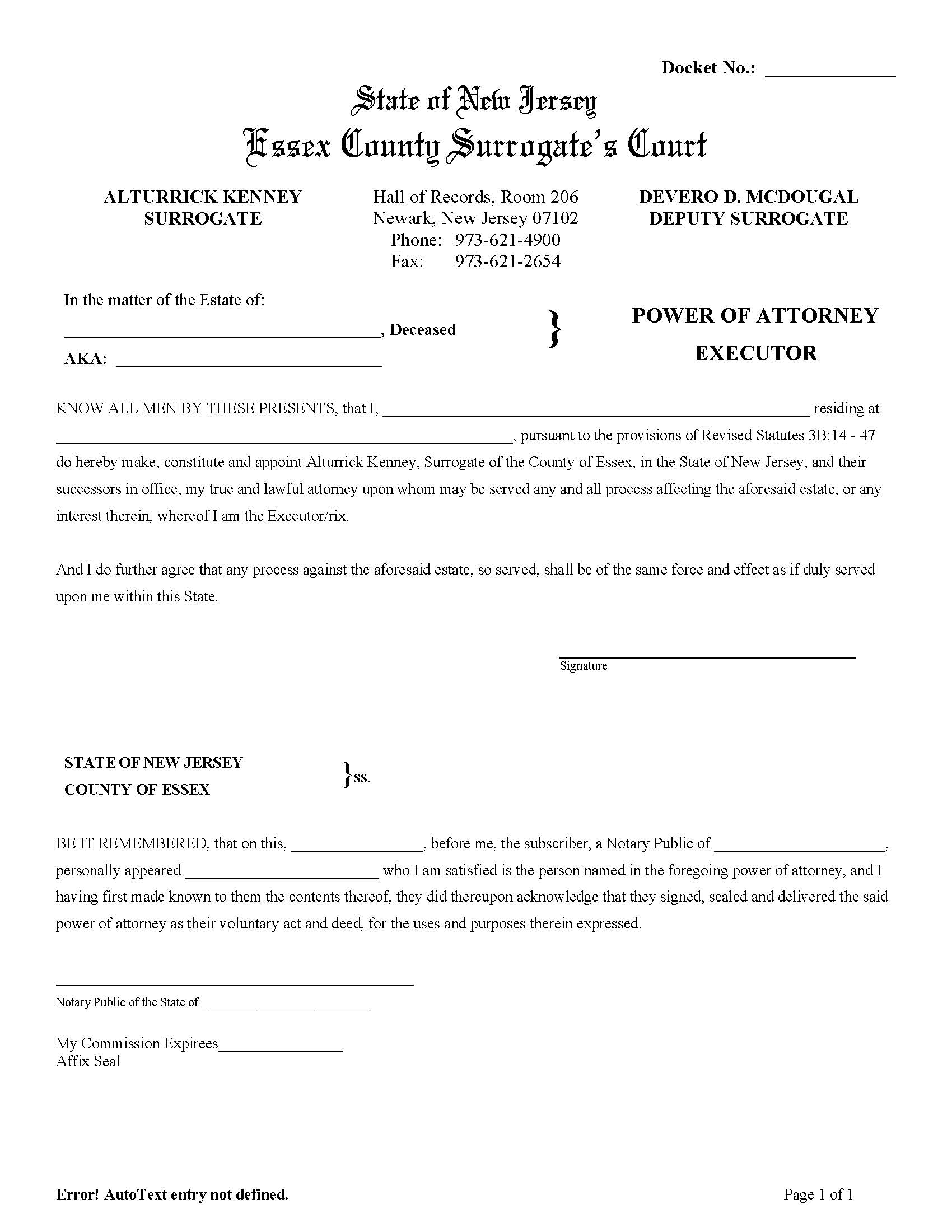 Power Of Attorney Executor {ESS-PoAE} | Pdf Fpdf Doc Docx | New Jersey