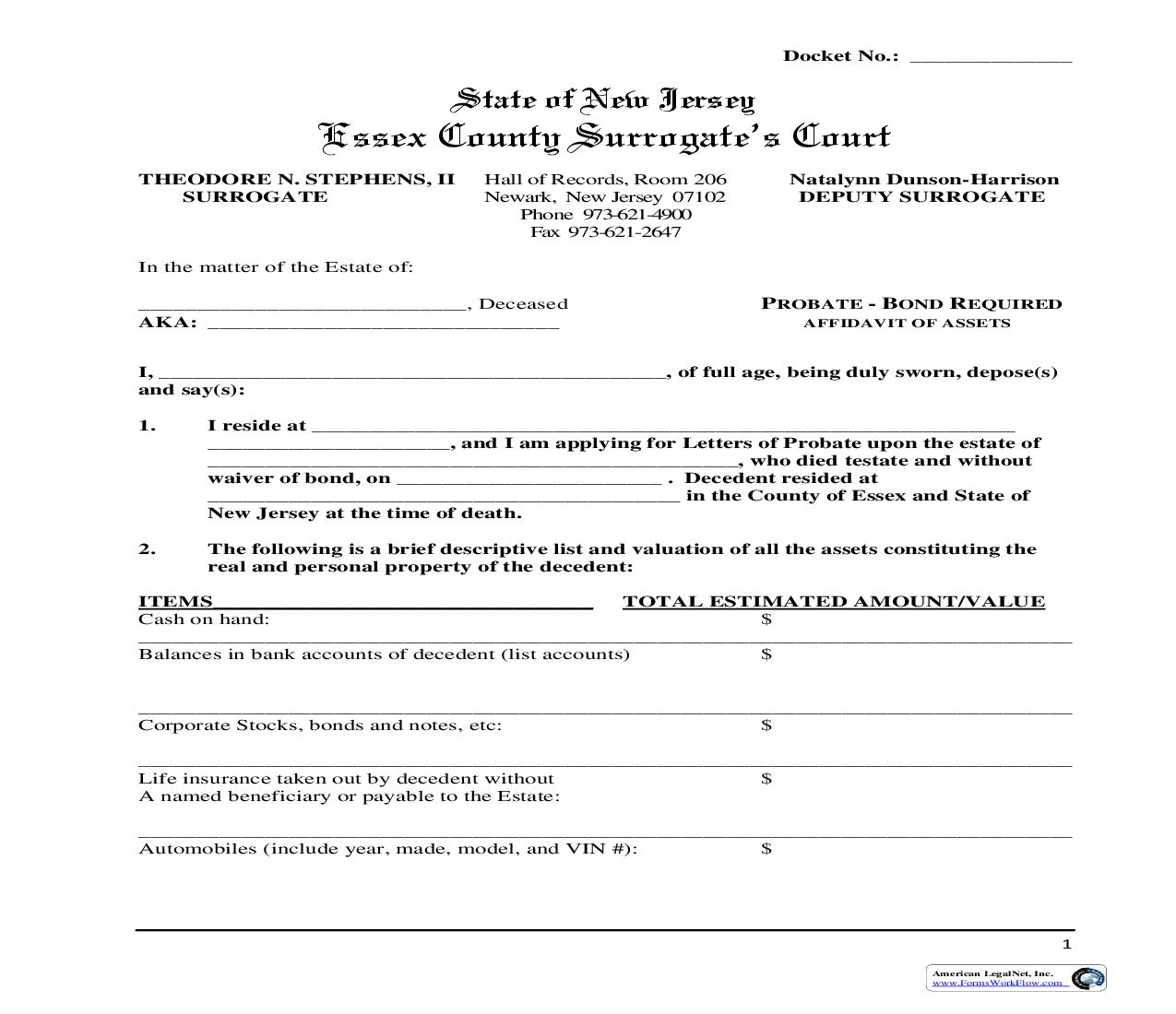 Probate - Bond Required Affidavit Of Assets | Pdf Fpdf Doc Docx | New Jersey